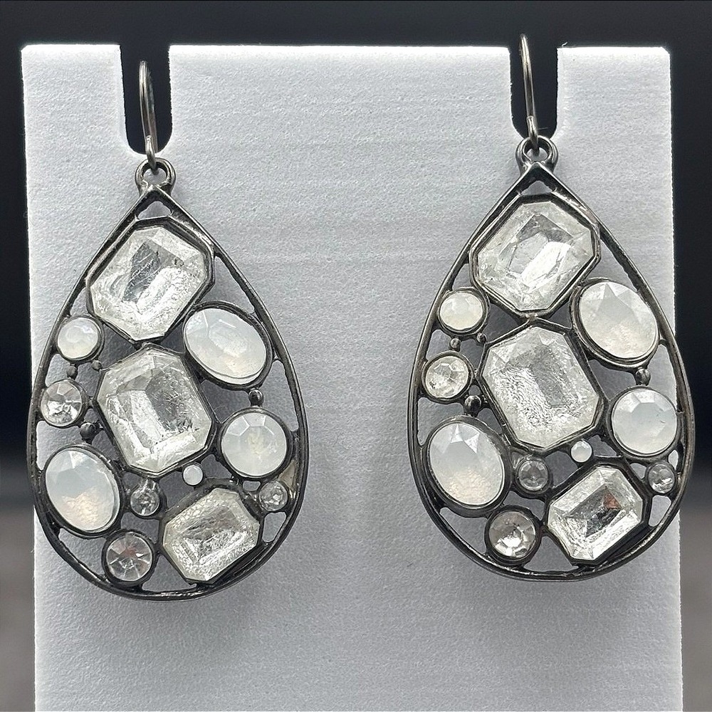 Gunmetal Teardrop‎ Earrings Crystal Mixed-Cut Glam Statement